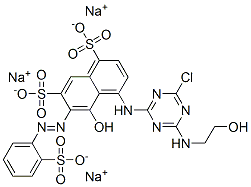 trisodium 4-[[4-chloro-6-[(2-hydroxyethyl)amino]-1,3,5-triazin-2-yl]amino]-5-hydroxy-6-[(2-sulphonatophenyl)azo]naphthalene-1,7-disulphonate Struktur