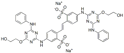 disodium 4,4'-bis[[6-anilino-4-(2-hydroxyethoxy)-1,3,5-triazin-2-yl]amino]stilbene-2,2'-disulphonate Struktur