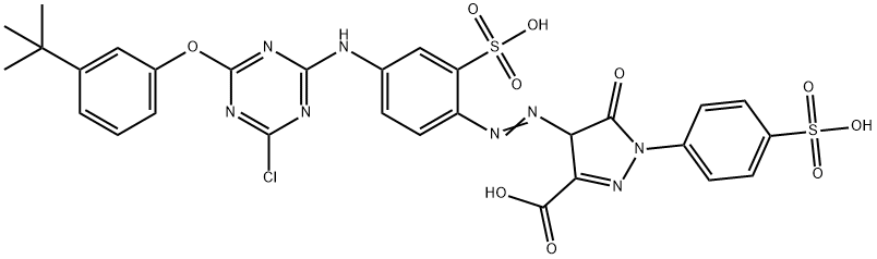 4-[[4-[[6-[3-(tert-butyl)phenoxy]-4-chloro-1,3,5-triazin-2-yl]amino]-2-sulphophenyl]azo]-4,5-dihydro-5-oxo-1-(4-sulphophenyl)-1H-pyrazole-3-carboxylic acid Struktur