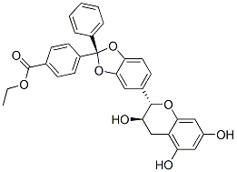 ethyl (2R-trans)-4-[5-(3,4-dihydro-3,5,7-trihydroxy-2H-1-benzopyran-2-yl)-2-phenyl-1,3-benzodioxol-2-yl]benzoate  Struktur