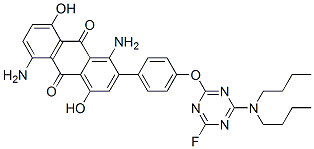 1,5-diamino-2-[4-[[4-(dibutylamino)-6-fluoro-1,3,5-triazin-2-yl]oxy]phenyl]-4,8-dihydroxyanthraquinone Struktur