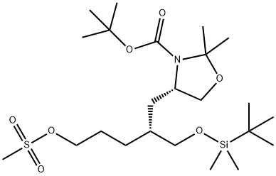 3-Oxazolidinecarboxylic acid, 4-[(2R)-2-[[[(1,1-diMethylethyl)diMethylsilyl]oxy]Methyl]-5-[(Methylsulfonyl)oxy]pentyl]-2,2-diMethyl-, 1,1-diMethylethyl ester, (4S)- Struktur