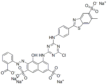 tetrasodium 2-[[8-[[4-chloro-6-[[4-(6-methyl-5-sulphonatobenzothiazol-2-yl)phenyl]amino]-1,3,5-triazin-2-yl]amino]-1-hydroxy-3,6-disulphonato-2-naphthyl]azo]benzoate Struktur