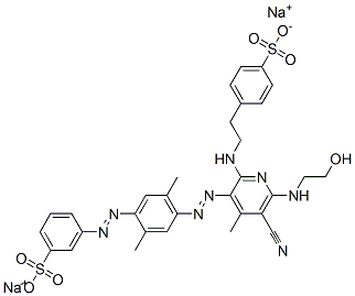 3-[[4-[[5-cyano-6-[(2-hydroxyethyl)amino]-4-methyl-2-[[2-(4-sulphophenyl)ethyl]amino]-3-pyridyl]azo]-2,5-xylyl]azo]benzenesulphonic acid, sodium salt Struktur