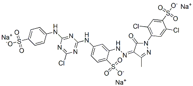 trisodium 2,5-dichloro-4-[(4Z)-4-[[5-[[4-chloro-6-[(4-sulfonatophenyl) amino]-1,3,5-triazin-2-yl]amino]-2-sulfonato-phenyl]hydrazinylidene]-3 -methyl-5-oxo-pyrazol-1-yl]benzenesulfonate Struktur