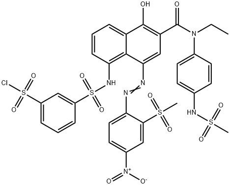 m-[6-[N-Ethyl-N-(p-methylsulfonylaminophenyl)carbamoyl]-5-hydroxy-8-(2-methylsulfonyl-4-nitrophenylazo)-1-naphtylaminosulfonyl]benzenesulfonyl chloride Struktur