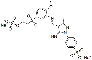 disodium p-[4,5-dihydro-5-imino-4-[[2-methoxy-5-[[2-(sulphonatooxy)ethyl]sulphonyl]phenyl]azo]-3-methyl-1H-pyrazol-1-yl]benzenesulphonate Struktur