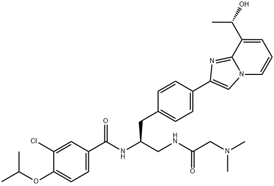 3-Chloro-N-{(1S)-2-[(N,N-dimethylglycyl)amino]-1-[(4-{8-[(1S)-1-hydroxyethyl]imidazo[1,2-a]pyridin-2-yl}phenyl)methyl]ethyl}-4-[(1-methylethyl)oxy]benzamide Struktur