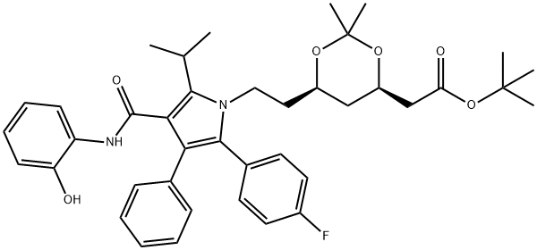 (6-{2-[2-(4-Fluoro-phenyl)-4-(2-hydroxy-phenylcarbamoyl)-5-isopropyl-3-phenyl-pyrrol-1-yl]-ethyl}-2,2-dimethyl-[1,3]-dioxane-4-yl)-acetic Acid, tert-Butyl Ester Struktur