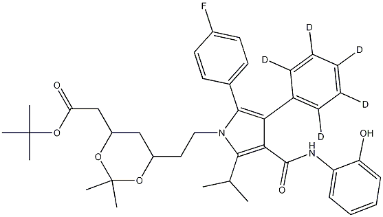 (6-2-[2-(4-Fluoro-phenyl)-4-(2-hydroxy-phenylcarbamoyl)-5-isopropyl-3-phenyl-D5-pyrrol-1-yl]-ethyl-2,2-dimethyl-[1,3]-dioxane-4-yl)-acetic Acid, tert-Butyl Ester Struktur