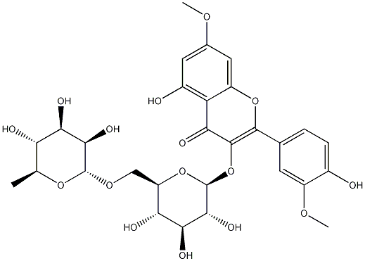 4H-1-Benzopyran-4-one, 3-((6-o-(6-deoxy-alpha-L-mannopyranosyl)-beta-D-glucopyranosyl)oxy)-5-hydroxy-2-(4-hydroxy-3-methoxyphenyl)-7-methoxy- Struktur