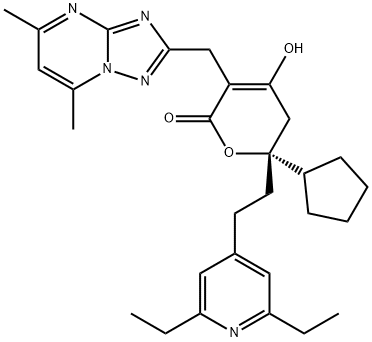 (R)-6-Cyclopentyl-6-[2-(2,6-diethylpyridin-4-yl)ethyl]-3-[(5,7-dimethyl-[1,2,4]triazolo[1,5-a]pyrimidin-2-yl)methyl]-4-hydroxy-5,6-dihydro-2H-pyran-2-one Struktur