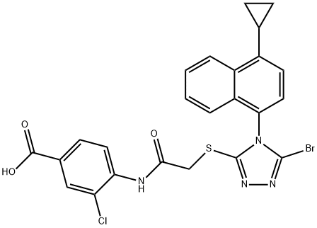 Benzoic acid, 4-[[2-[[5-bromo-4-(4-cyclopropyl-1-naphthalenyl) -4H-1,2,4-triazol -3-yl]thio]acetyl]amino]-3-chloro- Struktur