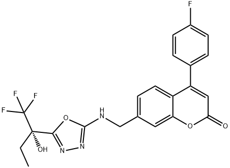 4-(4-Fluorophenyl)-7-[[[5-[(1S)-1-hydroxy-1-(trifluoromethyl)propyl]-1,3,4-oxadiazol-2-yl]amino]methyl]-2H-1-benzopyran-2-one Struktur