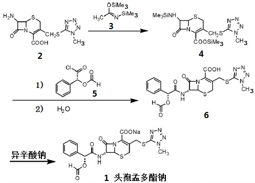 頭孢孟多酯鈉的反應路線圖