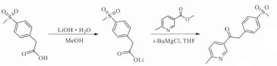 2-(4-甲磺?；交?-1-(6-甲基吡啶-3-基)-乙酮的合成反應(yīng)式