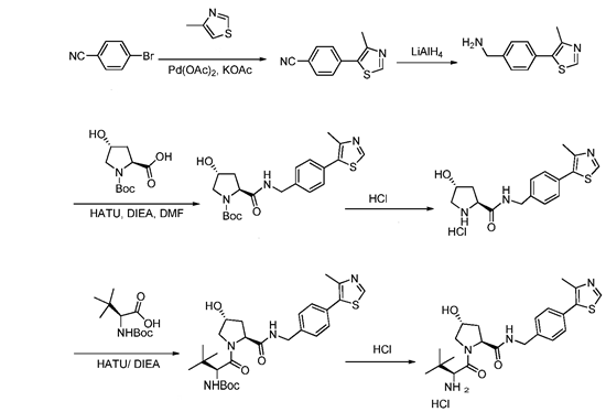 (2S,4R)-1-((S)-2-氨基-3,3-二甲基丁?；?-4-羥基-N-(4-(4-甲基噻唑-5-基)芐基)吡咯烷-2-甲酰胺鹽酸鹽合成路線