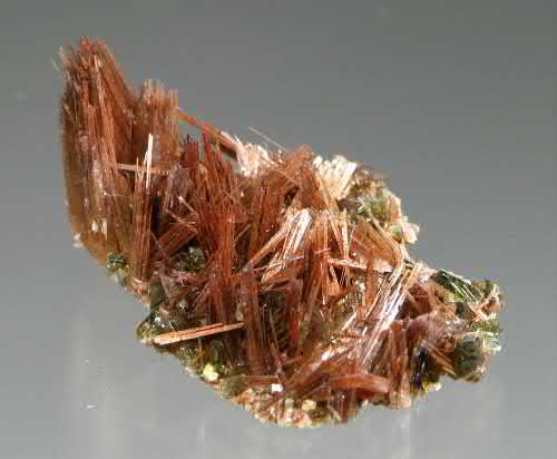 FIGURE 8. Acicular or fibrous reddish-brown crystals of bustamite, CaMn21(Si2O6), to 1.5 cm associated with green manganoan hedenbergite, CaFe21Si2O6.