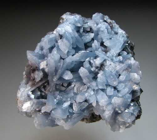 FIGURE 1. Light blue crystals of celestine, SrSO4, to over 1 cm scattered on matrix.