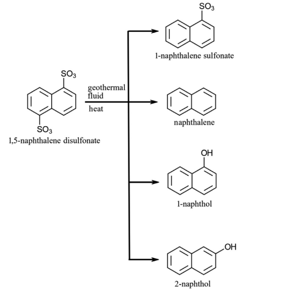 Fig. 1. Structure of possible products of 1,5-naphthalene disulfonate decomposition under geothermal conditions and representation of reaction pathways