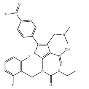 2-((2,6-difluorobenzyl)(ethoxycarbonyl)amino)-4-((dimethylamino)methyl)-5-(4-nitrophenyl)thiophene-3-carboxylic acid