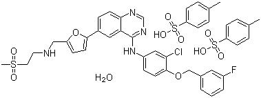 CAS # 388082-78-8, Lapatinib ditosylate monohydrate, N-(3-Chloro-4-((3-fluorophenyl)methoxy)phenyl)-6-(5-(((2-(methylsulfonyl)ethyl)amino)methyl)-2-furanyl)-4-quinazolinamine bis(4-methylbenzenesulfonate) monohydrate