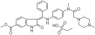 CAS # 656247-18-6, (3Z)-2,3-Dihydro-3-[[[4-[methyl[2-(4-methyl-1-piperazinyl)acetyl]amino]phenyl]amino]phenylmethylene]-2-oxo-1H-indole-6-carboxylic acid methyl ester ethanesulfonate