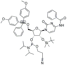 5'-O-(4,4'-DIMETHOXYTRITYL)-N4-BENZOYL-R-CYTIDINE-2'-T-BUTYLDIMETHYLSILYL-3'-(2-CYANOETHYL-N,N-DIISOPROPYL)PHOSPHORAMIDITE Struktur