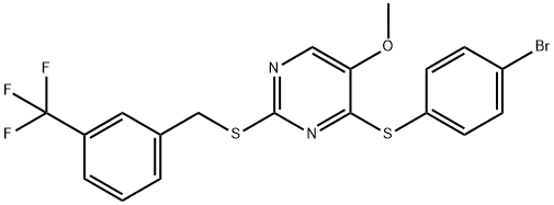 4-[(4-BROMOPHENYL)SULFANYL]-2-([3-(TRIFLUOROMETHYL)BENZYL]SULFANYL)-5-PYRIMIDINYL METHYL ETHER Struktur