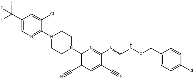 N-[(4-CHLOROBENZYL)OXY]-N'-(6-(4-[3-CHLORO-5-(TRIFLUOROMETHYL)-2-PYRIDINYL]PIPERAZINO)-3,5-DICYANO-2-PYRIDINYL)IMINOFORMAMIDE Struktur