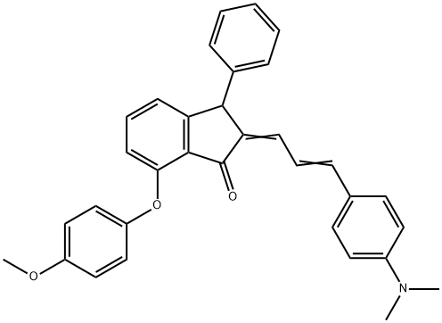 2-(3-[4-(DIMETHYLAMINO)PHENYL]-2-PROPENYLIDENE)-7-(4-METHOXYPHENOXY)-3-PHENYL-1-INDANONE Struktur