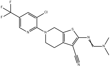 N'-(6-[3-CHLORO-5-(TRIFLUOROMETHYL)-2-PYRIDINYL]-3-CYANO-4,5,6,7-TETRAHYDROTHIENO[2,3-C]PYRIDIN-2-YL)-N,N-DIMETHYLIMINOFORMAMIDE Struktur