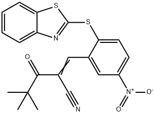 3-(2-BENZOTHIAZOL-2-YLTHIO-5-NITROPHENYL)-2-(2,2-DIMETHYLPROPANOYL)PROP-2-ENENITRILE Struktur