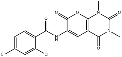 2,4-DICHLORO-N-(1,3-DIMETHYL-2,4,7-TRIOXO-1,3,4,7-TETRAHYDRO-2H-PYRANO[2,3-D]PYRIMIDIN-6-YL)BENZENECARBOXAMIDE Struktur