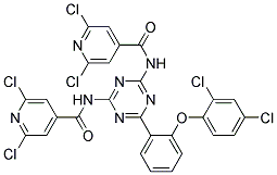 2,6-dichloro-N-{4-[(2,6-dichloroisonicotinoyl)amino]-6-[2-(2,4-dichlorophenoxy)phenyl]-1,3,5-triazin-2-yl}isonicotinamide Struktur