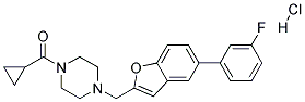 1-(CYCLOPROPYLCARBONYL)-4-([5-(3-FLUOROPHENYL)-1-BENZOFURAN-2-YL]METHYL)PIPERAZINE HYDROCHLORIDE Struktur