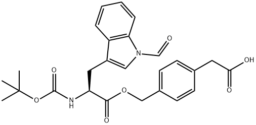 2-[4-({[2-[(tert-butoxycarbonyl)amino]-3-(1-formyl-1H-indol-3-yl)propanoyl]oxy}methyl)phenyl]acetic acid Struktur