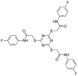 2-((4,6-Bis((2-(4-fluoroanilino)-2-oxoethyl)sulfanyl)-1,3,5-triazin-2-yl)sulfanyl)-N-(4-fluorophenyl)acetamide Struktur