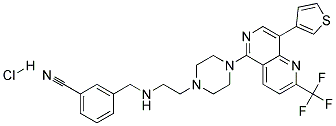 3-([(2-(4-[8-(3-THIENYL)-2-(TRIFLUOROMETHYL)-1,6-NAPHTHYRIDIN-5-YL]PIPERAZIN-1-YL)ETHYL)AMINO]METHYL)BENZONITRILE HYDROCHLORIDE Struktur