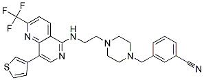 3-([4-(2-([8-(3-THIENYL)-2-(TRIFLUOROMETHYL)-1,6-NAPHTHYRIDIN-5-YL]AMINO)ETHYL)PIPERAZIN-1-YL]METHYL)BENZONITRILE Struktur