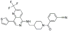 3-([4-(([8-(3-THIENYL)-2-(TRIFLUOROMETHYL)-1,6-NAPHTHYRIDIN-5-YL]AMINO)METHYL)PIPERIDIN-1-YL]CARBONYL)BENZONITRILE Struktur