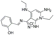 6-amino-7-ethyl-4-(ethylamino)-3-{[(E)-(2-hydroxyphenyl)methylidene]amino}-1H-pyrazolo[3,4-b]pyridin-7-ium chloride Struktur