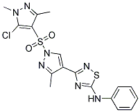 N5-phenyl-3-{1-[(5-chloro-1,3-dimethyl-1H-pyrazol-4-yl)sulphonyl]-3-methyl-1H-pyrazol-4-yl}-1,2,4-thiadiazol-5-amine Struktur