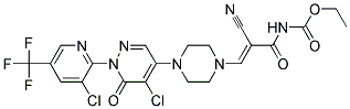 Ethyl N-(3-(4-(5-chloro-1-(3-chloro-5-(trifluoromethyl)-2-pyridinyl)-6-oxo-1,6-dihydro-4-pyridazinyl)piperazino)-2-cyanoacryloyl)carbamate Struktur