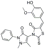 (5E)-3-(1,5-Dimethyl-3-oxo-2-phenyl-2,3-dihydro-1H-pyrazol-4-yl)-5-(4-hydroxy-3-methoxybenzylidene)-2-thioxo-1,3-thiazolidin-4-one Struktur