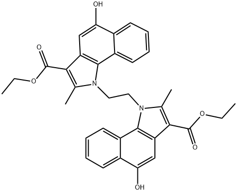 Ethyl 1-(2-(3-(ethoxycarbonyl)-5-hydroxy-2-methyl-1H-benzo[g]indol-1-yl)ethyl)-5-hydroxy-2-methyl-1H-benzo[g]indole-3-carboxylate Struktur