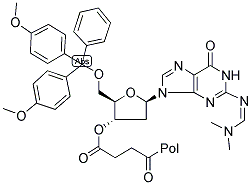 DIMETHOXYTRITYL DEOXY DIMETHYLAMINOMETHYLENE GUANOSINE-SUCCINYL-LONG CHAIN ALKYL AMINE-CONTROLLED PORE GLASS Struktur