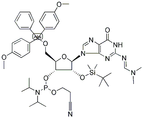 N2-(DIMETHYLAMINO)METHYLENE)-5'-O-(DIMETHOXYTRITYL)-2'-O-(T-BUTYLDIMETHYLSILYL)-GUANOSINE-3'-N,N-DIISOPROPYL (CYANOETHYL) PHOSPHORAMIDITE Struktur