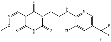 1-(2-([3-CHLORO-5-(TRIFLUOROMETHYL)-2-PYRIDINYL]AMINO)ETHYL)-2,4,6-TRIOXOHEXAHYDRO-5-PYRIMIDINECARBALDEHYDE O-METHYLOXIME Struktur