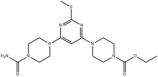 ETHYL 4-[6-[4-(AMINOCARBONYL)PIPERAZINO]-2-(METHYLSULFANYL)-4-PYRIMIDINYL]TETRAHYDRO-1(2H)-PYRAZINECARBOXYLATE Struktur